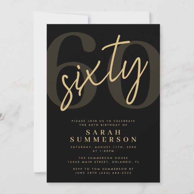 Convite Modern Script Sixty Black Gold 60th Birthday Party (Frente)