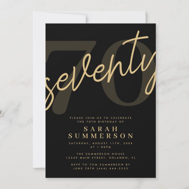 Convite Modern Script Sixty Black Gold 70th Birthday Party (Frente)