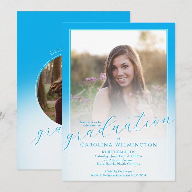 Convite Modern Script Sky Blue Ombre Photo Graduation (Frente/Verso)