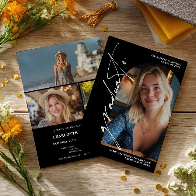 Convite  Modern Script white graduate photo graduation (Modern Script white graduate photo graduation Invitation)