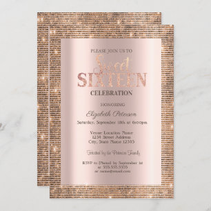 Convite Modern Sequins Frame Rosa Dourado Sweet 16
