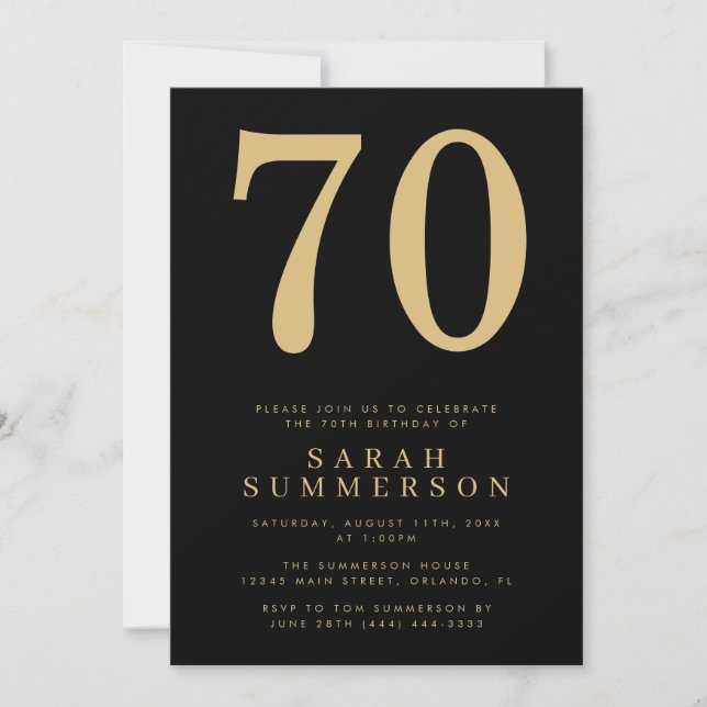 Convite Modern Seventieth Black Gold 70 Birthday Party (Frente)