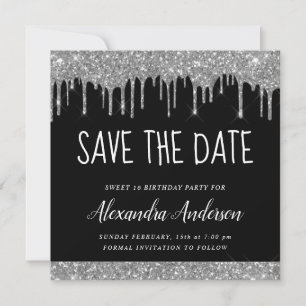 Convite Modern Silver Black Glitter Sweet 16 Salve a data