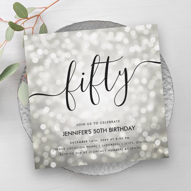 Convite Modern Silver Glitter Luz 50º Aniversário (Modern Silver Glitter Lights 50th Birthday Invitation)
