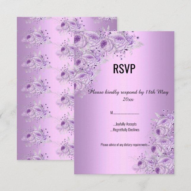 Convite Modern Silver Lilac Purple floral ELEGANT RSVP (Frente/Verso)