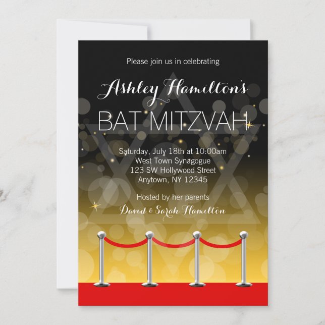 Convite Modern Silver Red Carpet - Bat Mitzvah (Frente)