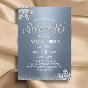 Convite Modern Silver Snowflake Dusty Blue Winter Sweet 16