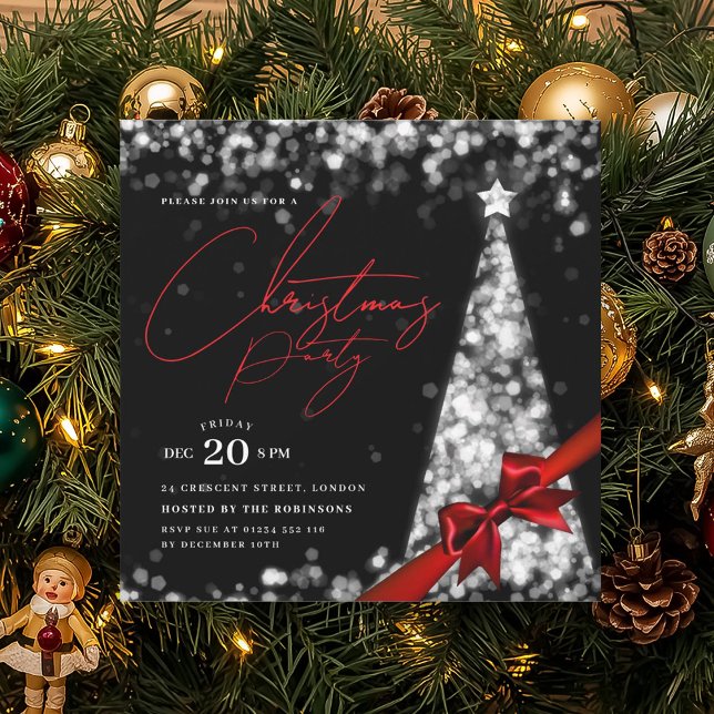 Convite MODERN Silver Winter Christmas Tree Bow Party  (MODERN Silver Winter Christmas Tree Bow Party Invitation)