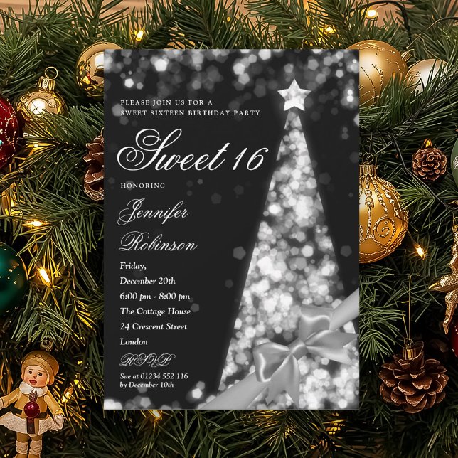 Convite Modern Silver Xmas Tree Ribbon Sweet 16 Birthday  (Modern Silver Xmas Tree Ribbon Sweet 16 Birthday Invitation)