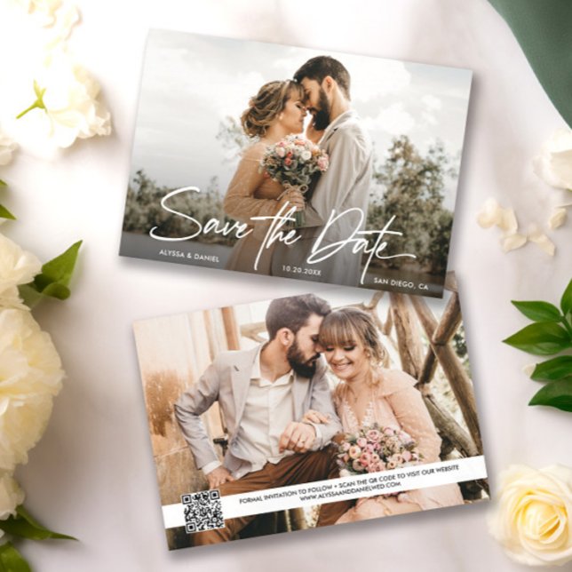 Convite Modern Simple 2 foto QR code website do casamento (Modern wedding, save the date 2 photo cards)