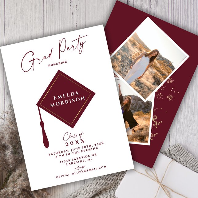 Convite Modern Simple 2 Photo Burgundy Graduation Party (Criador carregado)