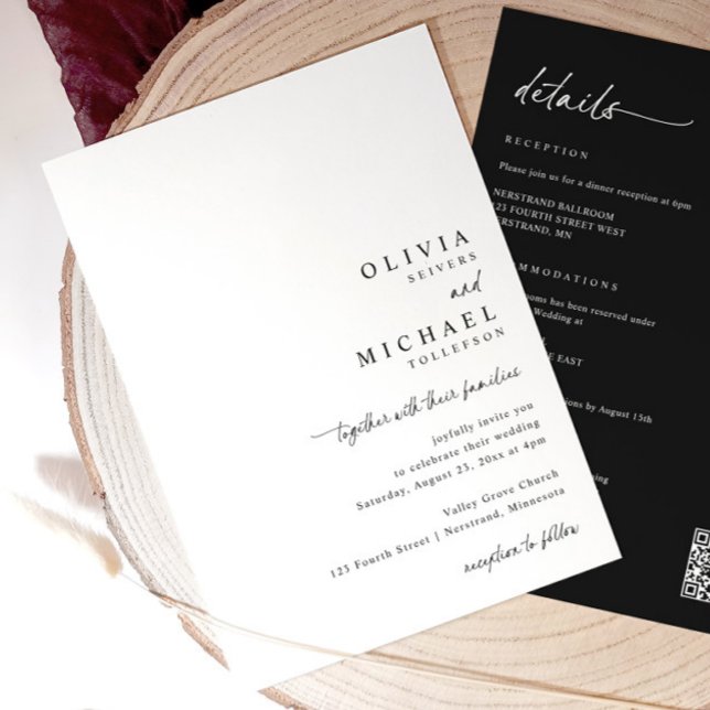 Convite Modern Simple Handwriting All in One Wedding (Minimalist black and white wedding invite with right-aligned handwritten script and QR code on back)