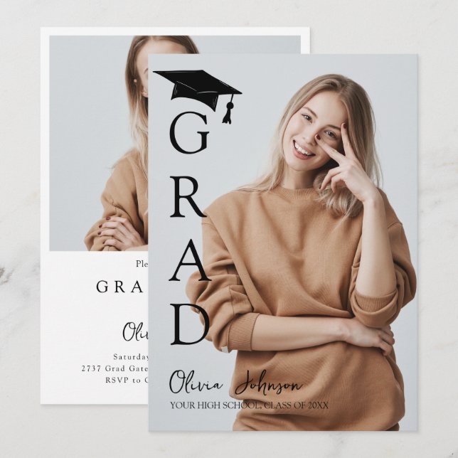 Convite Modern Simple Two Photo Graduation Party  (Frente/Verso)