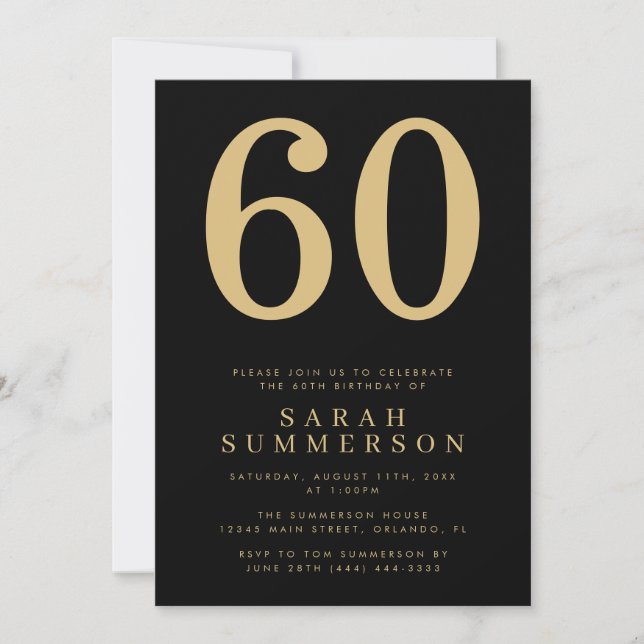 Convite Modern Sixtieth Black Gold 60 Birthday Party (Frente)