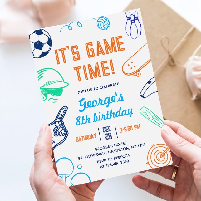 Convite Modern Sports It's Game Time! Kids Birthday (Criador carregado)