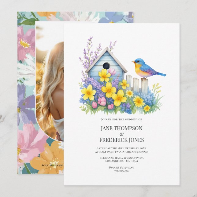 Convite Modern Spring Floral Wedding Photo and QR Code (Frente/Verso)