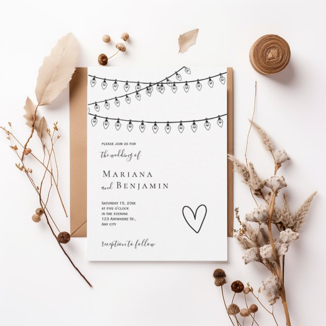 Convite Modern String Lights Minimalist Wedding Invitation (Criador carregado)
