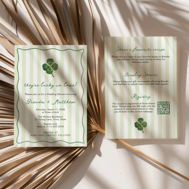Convite Modern Stripes St Patrick's Couples Wedding Shower (Lucky In Love St Patricks Day wedding shower invitations with modern stripes and squiggle border)