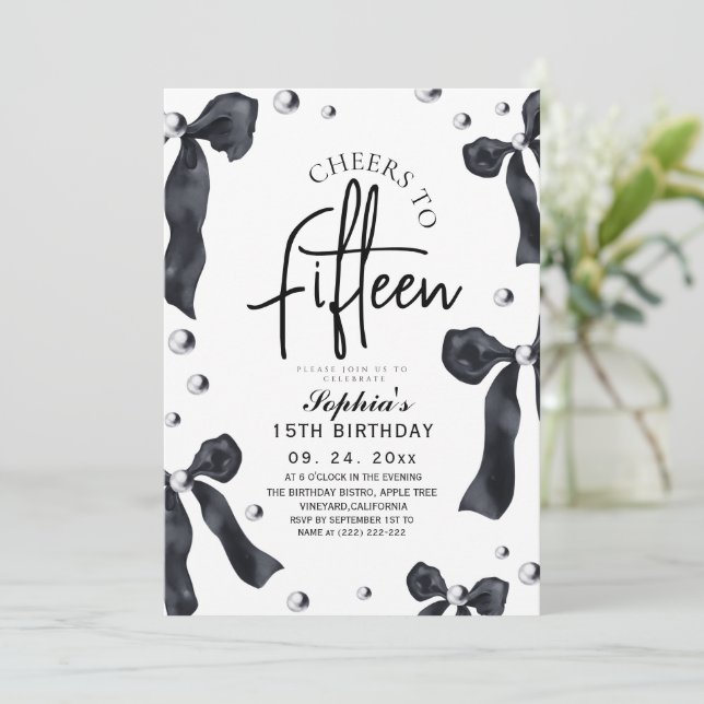 Convite Modern & Stylish Black Bow Birthday Party (Em pé/Frente)