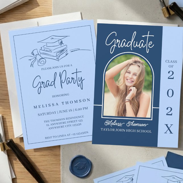 Convite Modern Stylish Blue Arch Photo Graduation Party  (Criador carregado)