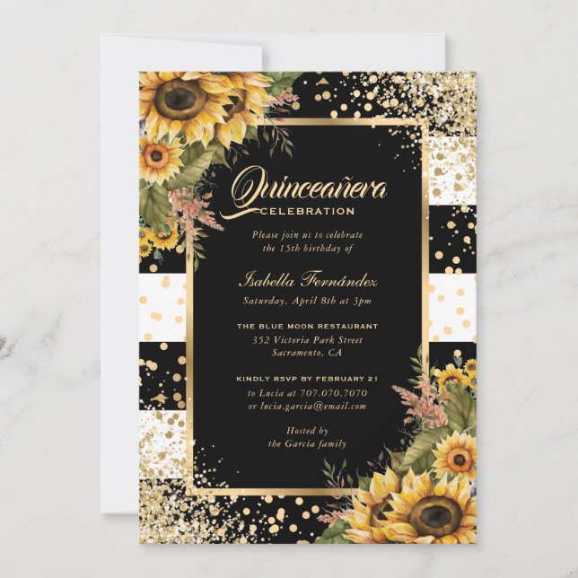Convite Modern Sunflower Gold Black White Quinceañera (Frente)