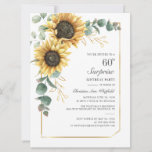 Convite Modern Sunflower Greenery Floral 60º Aniversário<br><div class="desc">Eucalyptus Sunflower Script 60th Aniversário Convite para 60º Aniversário que você pode personalizar facilmente com os detalhes de seu partido clicando no botão "Personalizar". Apresentando um brilho amarelo floral e verde suculente com uma estrutura geométrica de folha de ouro e tipografia moderna</div>