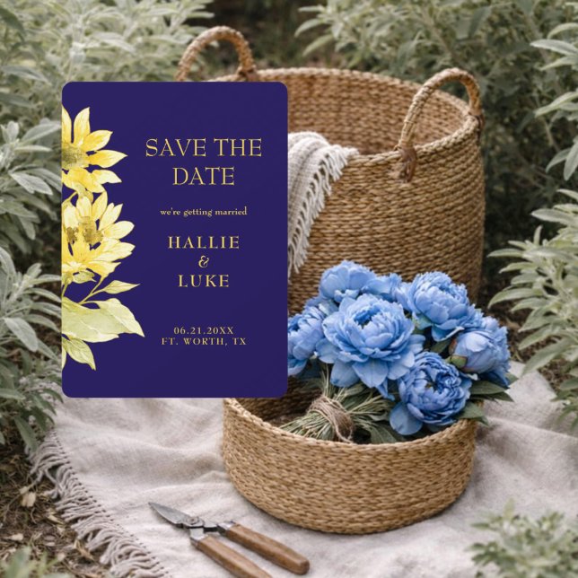 Convite Modern Sunflower Navy Wedding Save the Date (Criador carregado)