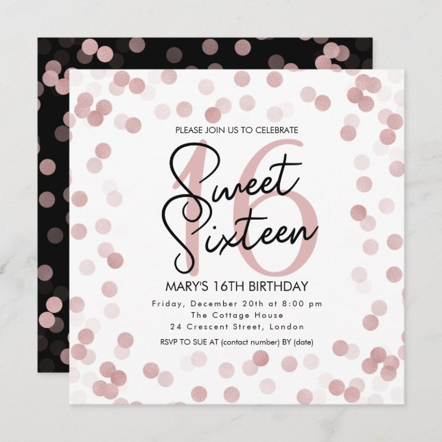Convite MODERN Sweet 16 Birthday Rosa Chic Glitter (Frente/Verso)