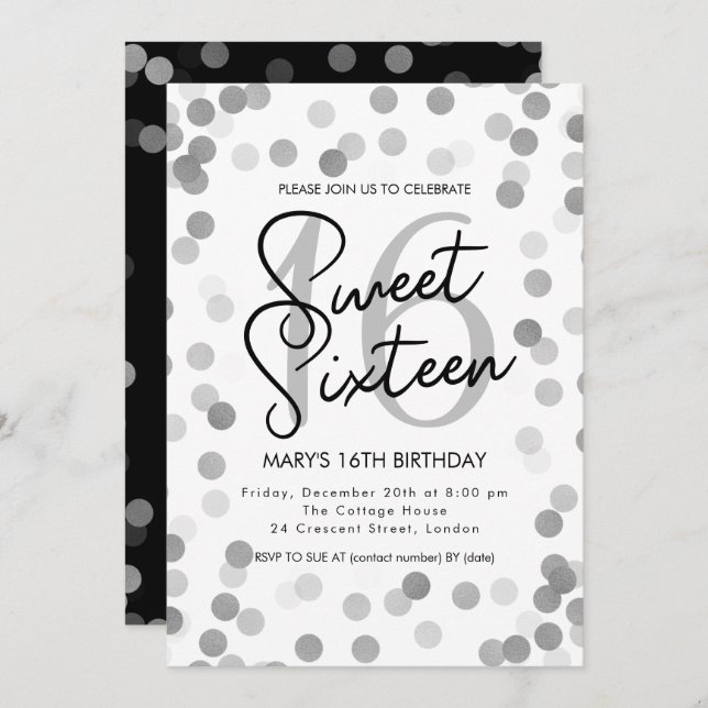 Convite MODERN Sweet 16 Birthday Silver Chic Glitter (Frente/Verso)