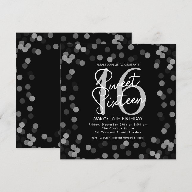 Convite MODERN Sweet 16 Birthday Silver Chic Glitter Black (Frente/Verso)