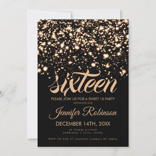 Convite Modern Sweet 16 Dourado Meia-Noite (Frente)