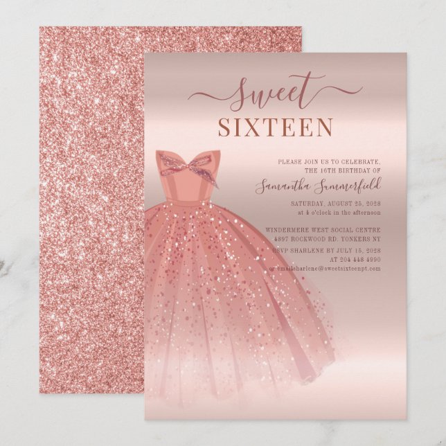 Convite Modern Sweet 16 Glitter Script Rosa Dourado Aniver (Frente/Verso)
