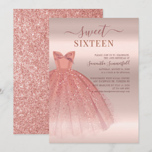 Convite Modern Sweet 16 Glitter Script Rosa Dourado Aniver