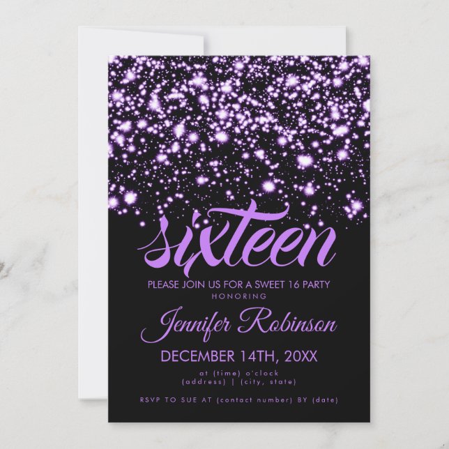 Convite Modern Sweet 16 Purple Midnight Glam (Frente)
