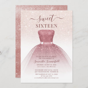 Convite Modern Sweet 16 Rosa Dourado Script Glitter Birthd