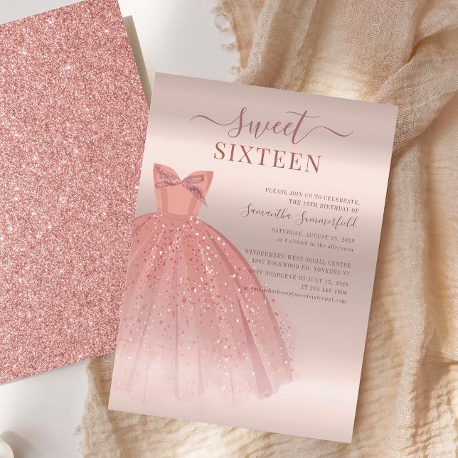Convite Modern Sweet 16 Script Birthday (Sweet 16 Rose Gold Glitter Dress Birthday Party Invitation)