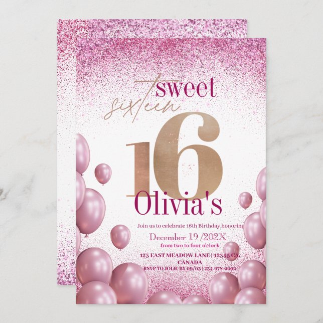 Convite Modern Sweet 16th Birthday Pink Balloons Glitter (Frente/Verso)