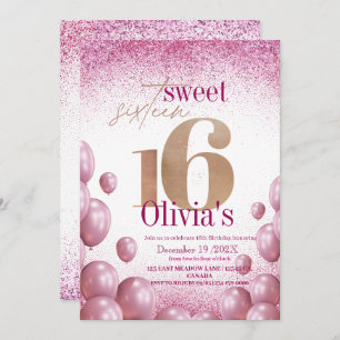 Convite Modern Sweet 16th Birthday Pink Balloons Glitter