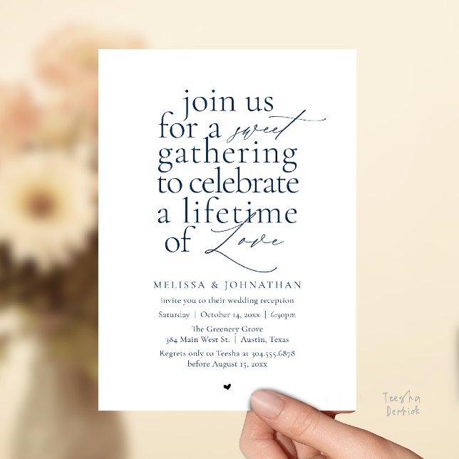 Convite Modern Sweet Love Minimalist Wedding Reception (Modern Sweet Love Minimalist Wedding Reception Dinner Invitation Card in Navy Blue)