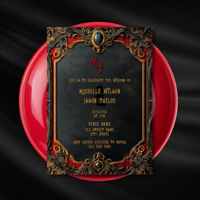 Convite Modern Tarot Gothic Black e Dourado Monograma (black, gold and red gothic medieval wedding invitation)