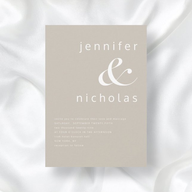 Convite Modern Taupe Ampersand Wedding (Front / Taupe Beige Simple Minimalist Typography Wedding Invitation)