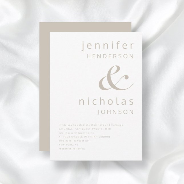 Convite Modern Taupe Ampersand Wedding (Front / Taupe Beige Simple Modern Typography Wedding Invitation)