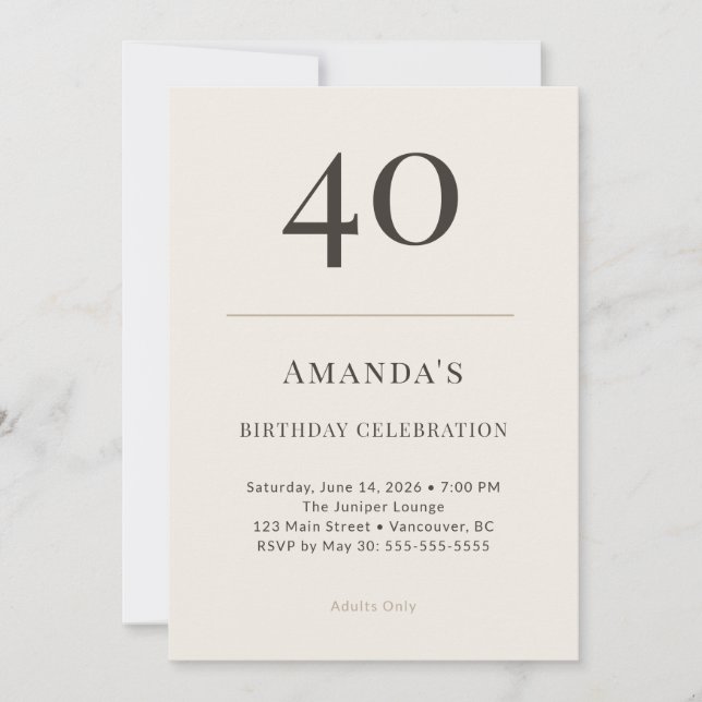 Convite Modern Taupe & Cream 40th Birthday Celebration (Frente)