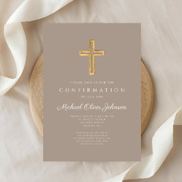 Convite Modern Taupe Religious Cross Boy Confirmation