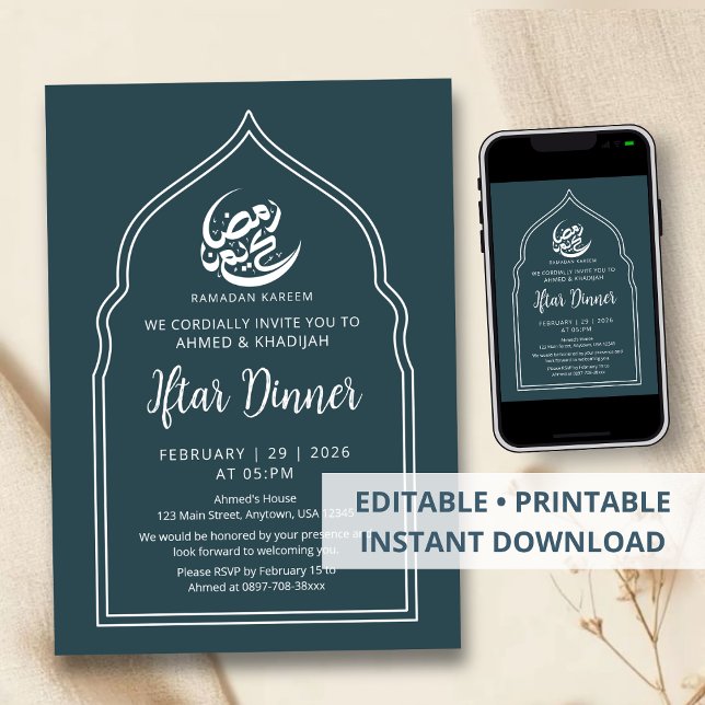 Convite Modern Teal Arch Ramadan Iftar Dinner Invitation (Criador carregado)