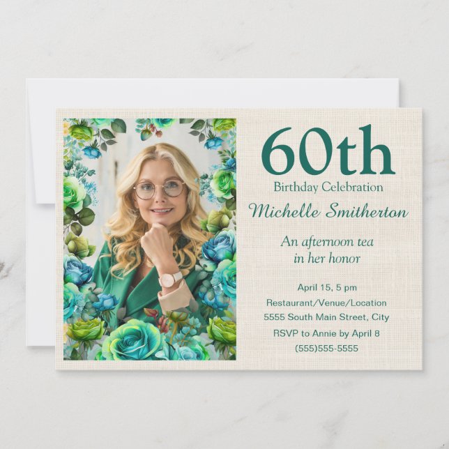 Convite Modern Teal Blue Green Flowers 60th Birthday Photo (Frente)