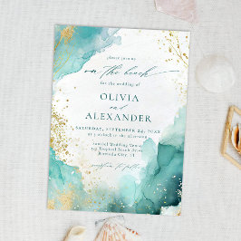Convite Modern Teal Gold Abstract On The Beach Wedding