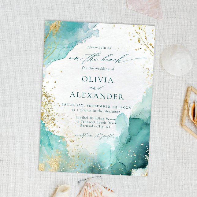 Convite Modern Teal Gold Abstract On The Beach Wedding (Criador carregado)