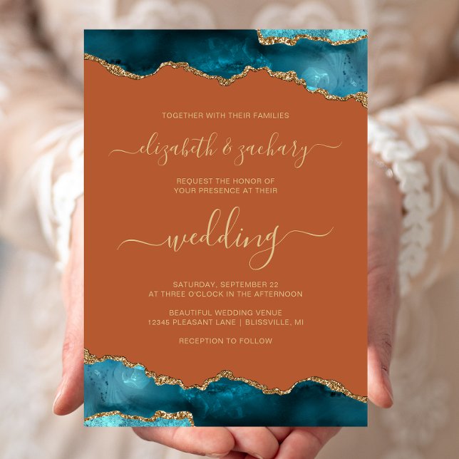 Convite Modern Teal Gold Agate Script Burnt Orange Wedding (Criador carregado)