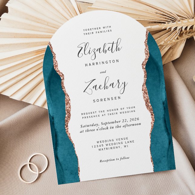 Convite Modern Teal Rose Gold Agate Arch Wedding (Criador carregado)